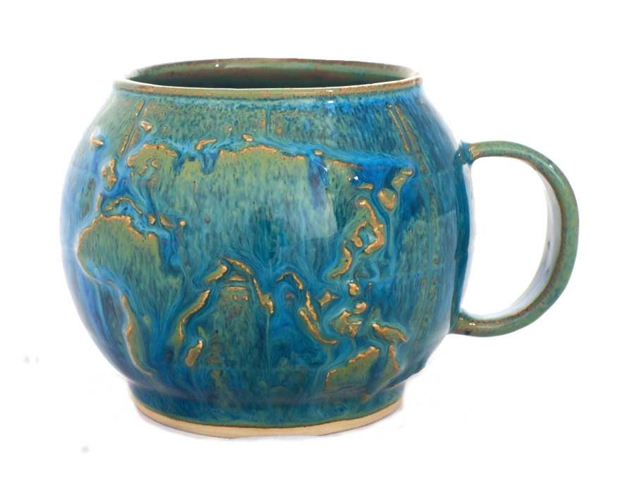 Die Tasse ist in der Form einer Welt mit Relief dargestellt.
